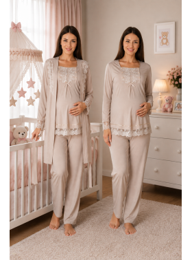 Effortt 3044 BEJ  Lohusa Hamile Pijama Takım Sabahlık